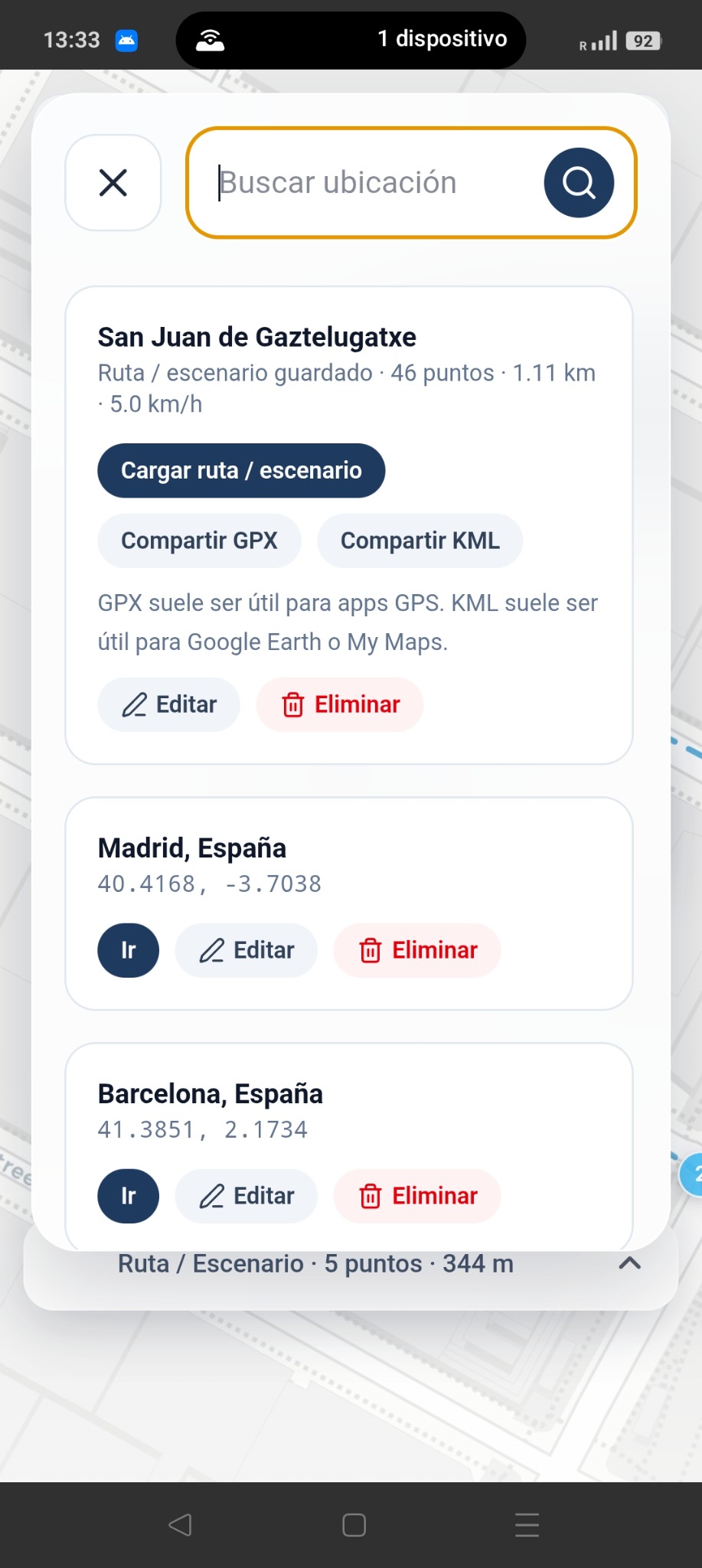 Pantalla real de ubicaciones y rutas guardadas en GPSwitch