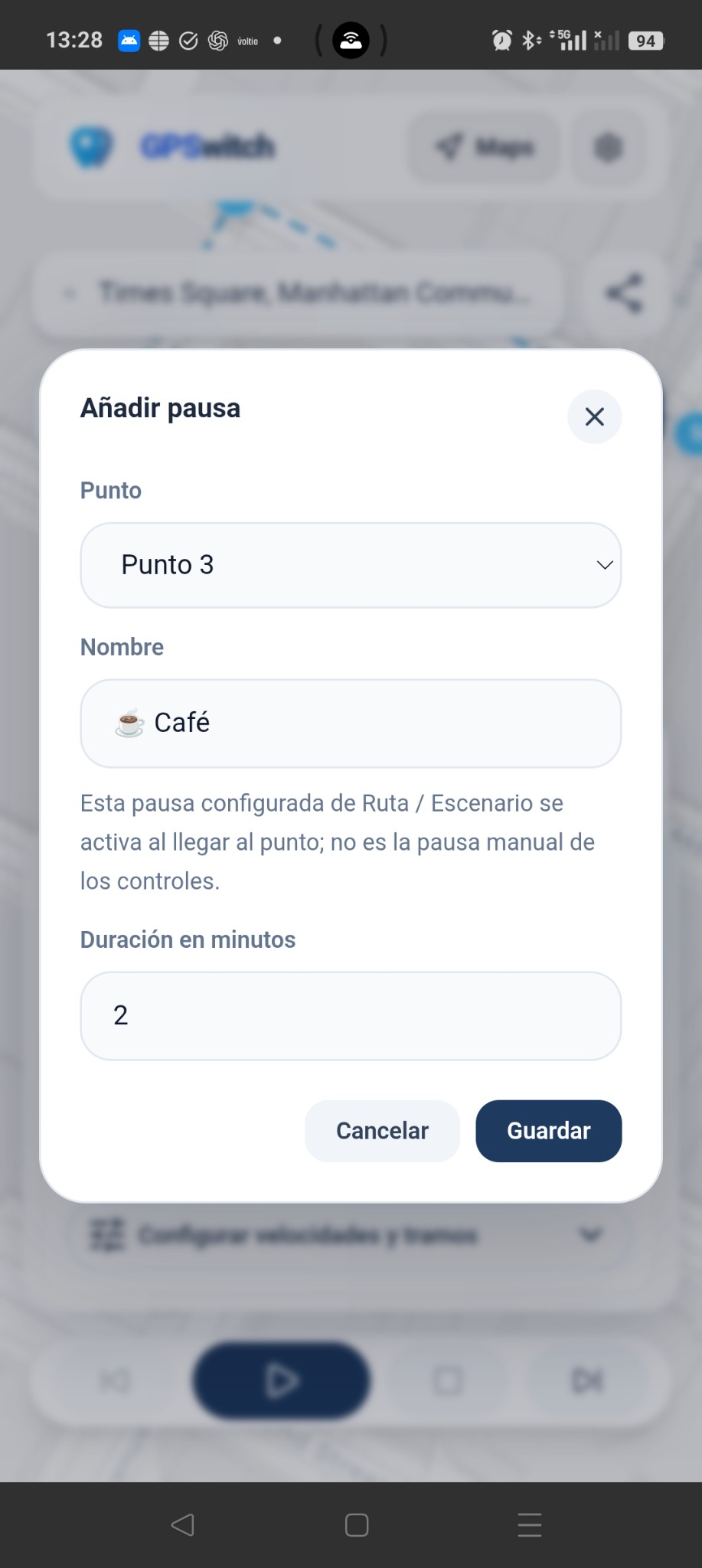 Configuración real de una pausa en un punto de una ruta GPSwitch