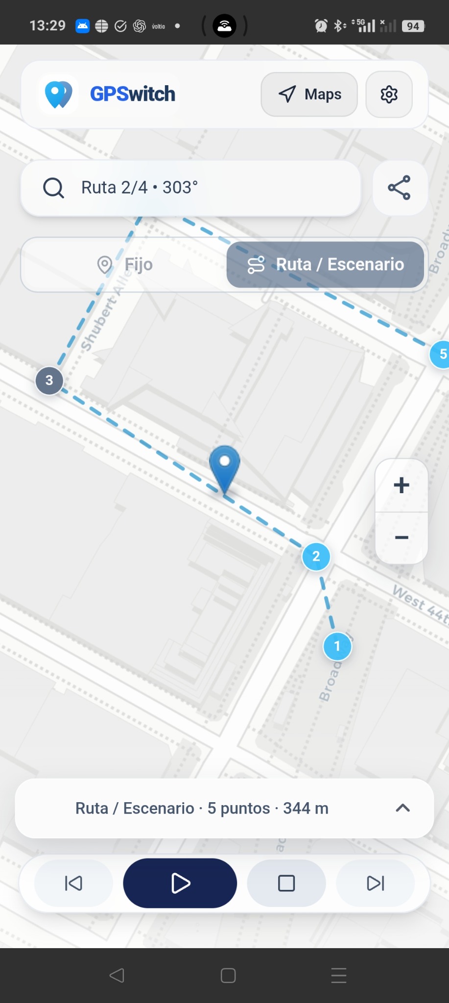 GPSwitch ejecutando una ruta real de varios puntos en Manhattan
