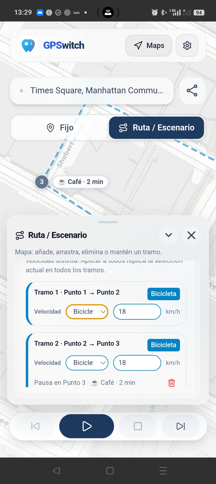 Configuración real de velocidades por tramo en GPSwitch